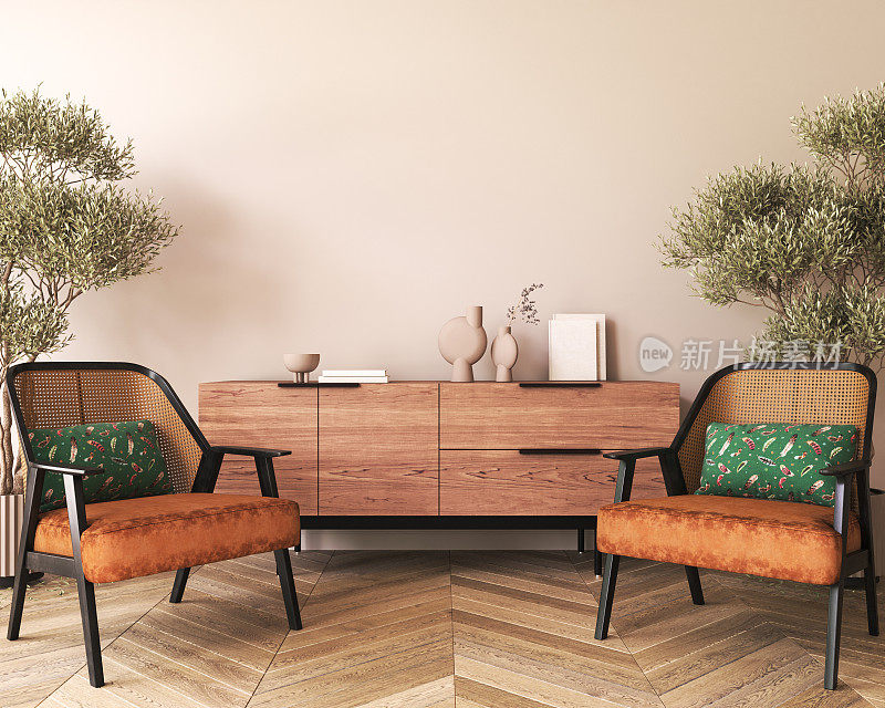 温暖中性的内墙模型在柔和的最小客厅，明亮的橙色斯堪的纳维亚扶手椅。空墙模型。木制橱柜和绿色树木。3 d渲染。高质量3d插图